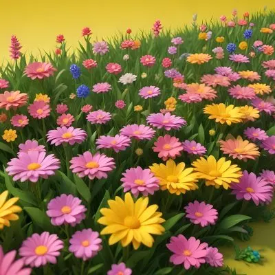 3d Model A Colorful Border Of Various Flowers Including Pink Blooms Set Against A Yellow Background With Green Grass At The Bottom Figure Octane Render Volumetric Highly Detailed Videogame Aesthetic 6 D27a