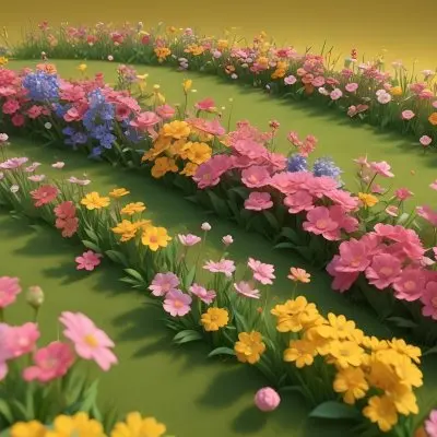 3d Model A Colorful Border Of Various Flowers Including Pink Blooms Set Against A Yellow Background With Green Grass At The Bottom Figure Octane Render Volumetric Highly Detailed Videogame Aesthetic 8 Ec6a