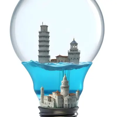 3d Model A Glass Light Bulb Containing A Miniature Ship Sailing On A Blue Ocean With The Leaning Tower Of Pisa In The Background Figure Octane Render Volumetric Highly Detailed Videogame Aesthetic 1 8d3a