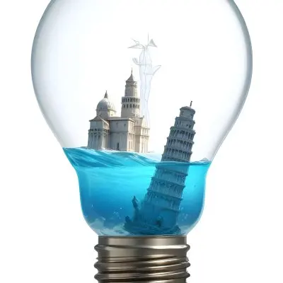 3d Model A Glass Light Bulb Containing A Miniature Ship Sailing On A Blue Ocean With The Leaning Tower Of Pisa In The Background Figure Octane Render Volumetric Highly Detailed Videogame Aesthetic 12 669e