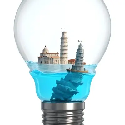 3d Model A Glass Light Bulb Containing A Miniature Ship Sailing On A Blue Ocean With The Leaning Tower Of Pisa In The Background Figure Octane Render Volumetric Highly Detailed Videogame Aesthetic 16 A022