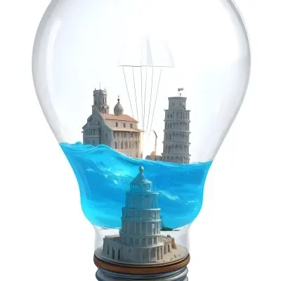3d Model A Glass Light Bulb Containing A Miniature Ship Sailing On A Blue Ocean With The Leaning Tower Of Pisa In The Background Figure Octane Render Volumetric Highly Detailed Videogame Aesthetic 18 5265