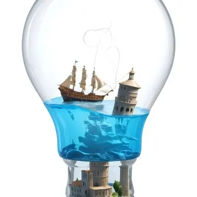 3d Model A Glass Light Bulb Containing A Miniature Ship Sailing On A Blue Ocean With The Leaning Tower Of Pisa In The Background Figure Octane Render Volumetric Highly Detailed Videogame Aesthetic 19 C947