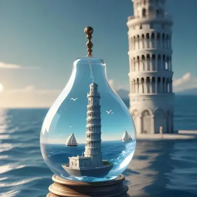 3d Model A Glass Light Bulb Containing A Miniature Ship Sailing On A Blue Ocean With The Leaning Tower Of Pisa In The Background Figure Octane Render Volumetric Highly Detailed Videogame Aesthetic 2 B10a