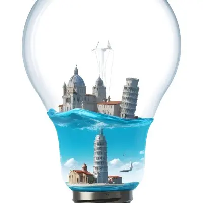 3d Model A Glass Light Bulb Containing A Miniature Ship Sailing On A Blue Ocean With The Leaning Tower Of Pisa In The Background Figure Octane Render Volumetric Highly Detailed Videogame Aesthetic 20 A043