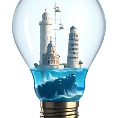 3d Model A Glass Light Bulb Containing A Miniature Ship Sailing On A Blue Ocean With The Leaning Tower Of Pisa In The Background Figure Octane Render Volumetric Highly Detailed Videogame Aesthetic 3 39ed