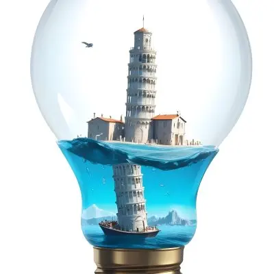 3d Model A Glass Light Bulb Containing A Miniature Ship Sailing On A Blue Ocean With The Leaning Tower Of Pisa In The Background Figure Octane Render Volumetric Highly Detailed Videogame Aesthetic 5 24a9