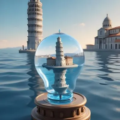 3d Model A Glass Light Bulb Containing A Miniature Ship Sailing On A Blue Ocean With The Leaning Tower Of Pisa In The Background Figure Octane Render Volumetric Highly Detailed Videogame Aesthetic 6 55b0