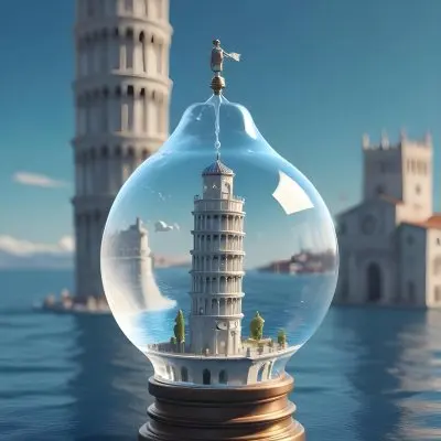 3d Model A Glass Light Bulb Containing A Miniature Ship Sailing On A Blue Ocean With The Leaning Tower Of Pisa In The Background Figure Octane Render Volumetric Highly Detailed Videogame Aesthetic 9 5369