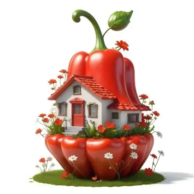3d Model A House With A White Roof And A White Door Surrounded By Red Peppers And Small Flowers On A White Background Figure Octane Render Volumetric Highly Detailed Videogame Aesthetic 12 F7cc