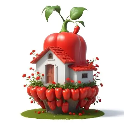 3d Model A House With A White Roof And A White Door Surrounded By Red Peppers And Small Flowers On A White Background Figure Octane Render Volumetric Highly Detailed Videogame Aesthetic 13 Df13