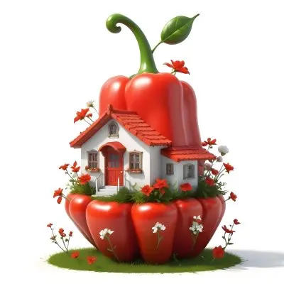 3d Model A House With A White Roof And A White Door Surrounded By Red Peppers And Small Flowers On A White Background Figure Octane Render Volumetric Highly Detailed Videogame Aesthetic 14 Dbb9