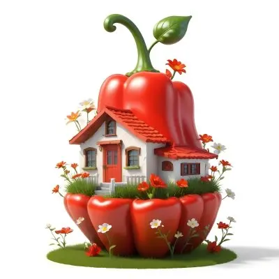 3d Model A House With A White Roof And A White Door Surrounded By Red Peppers And Small Flowers On A White Background Figure Octane Render Volumetric Highly Detailed Videogame Aesthetic 16 5238
