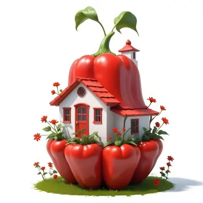3d Model A House With A White Roof And A White Door Surrounded By Red Peppers And Small Flowers On A White Background Figure Octane Render Volumetric Highly Detailed Videogame Aesthetic 17 0bd9