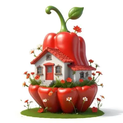 3d Model A House With A White Roof And A White Door Surrounded By Red Peppers And Small Flowers On A White Background Figure Octane Render Volumetric Highly Detailed Videogame Aesthetic 18 60c3