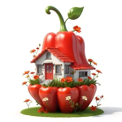 3d Model A House With A White Roof And A White Door Surrounded By Red Peppers And Small Flowers On A White Background Figure Octane Render Volumetric Highly Detailed Videogame Aesthetic 19 0492