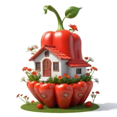 3d Model A House With A White Roof And A White Door Surrounded By Red Peppers And Small Flowers On A White Background Figure Octane Render Volumetric Highly Detailed Videogame Aesthetic 2 Fb2b