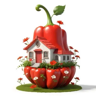3d Model A House With A White Roof And A White Door Surrounded By Red Peppers And Small Flowers On A White Background Figure Octane Render Volumetric Highly Detailed Videogame Aesthetic 21 1a45
