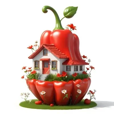 3d Model A House With A White Roof And A White Door Surrounded By Red Peppers And Small Flowers On A White Background Figure Octane Render Volumetric Highly Detailed Videogame Aesthetic 22 120d