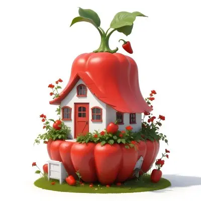 3d Model A House With A White Roof And A White Door Surrounded By Red Peppers And Small Flowers On A White Background Figure Octane Render Volumetric Highly Detailed Videogame Aesthetic 24 9590