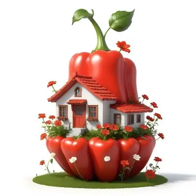 3d Model A House With A White Roof And A White Door Surrounded By Red Peppers And Small Flowers On A White Background Figure Octane Render Volumetric Highly Detailed Videogame Aesthetic 25 4367