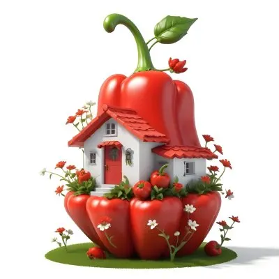 3d Model A House With A White Roof And A White Door Surrounded By Red Peppers And Small Flowers On A White Background Figure Octane Render Volumetric Highly Detailed Videogame Aesthetic 4 1b31