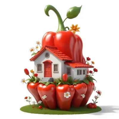 3d Model A House With A White Roof And A White Door Surrounded By Red Peppers And Small Flowers On A White Background Figure Octane Render Volumetric Highly Detailed Videogame Aesthetic 5 E87b