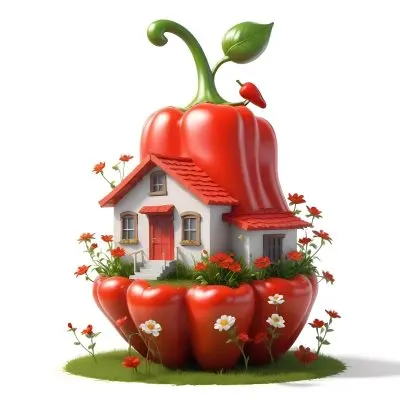 3d Model A House With A White Roof And A White Door Surrounded By Red Peppers And Small Flowers On A White Background Figure Octane Render Volumetric Highly Detailed Videogame Aesthetic 6 79c0