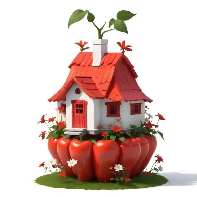 3d Model A House With A White Roof And A White Door Surrounded By Red Peppers And Small Flowers On A White Background Figure Octane Render Volumetric Highly Detailed Videogame Aesthetic 9 4071