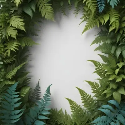 3d Model A Light Background With Decorative Green Leaves And Ferns Arranged At The Corners Creating A Frame Like Effect The Leaves Vary In Shape And Size With Some Featuring Hints Of Blue And Yellow Accents The Cente 5 D76e