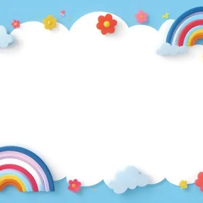 3d Model A Light Blue Background With White Fluffy Clouds At The Top And Bottom Colorful Flowers In Pink Are Scattered Around The Clouds Two Stylized Rainbows With Red Arcs Are Positioned At The Bottom Left And Right C 21 1bd7