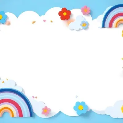 3d Model A Light Blue Background With White Fluffy Clouds At The Top And Bottom Colorful Flowers In Pink Are Scattered Around The Clouds Two Stylized Rainbows With Red Arcs Are Positioned At The Bottom Left And Right C 23 Ab1f
