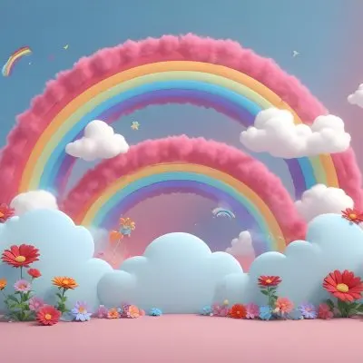 3d Model A Light Blue Background With White Fluffy Clouds At The Top And Bottom Colorful Flowers In Pink Are Scattered Around The Clouds Two Stylized Rainbows With Red Arcs Are Positioned At The Bottom Left And Right C 6 3f8b