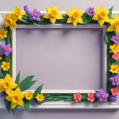 3d Model A Rectangular Frame Adorned With Colorful Flowers And Green Leaves The Flowers Include Yellow Daffodils And Pink And Purple Blooms Creating A Vibrant Border Around A Blank White Center Figure Octane Rende 22 Bc5b