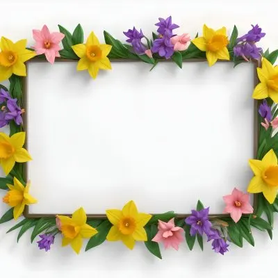 3d Model A Rectangular Frame Adorned With Colorful Flowers And Green Leaves The Flowers Include Yellow Daffodils And Pink And Purple Blooms Creating A Vibrant Border Around A Blank White Center Figure Octane Rende 36 B840