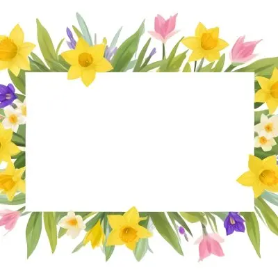3d Model A Rectangular Frame Adorned With Colorful Flowers And Green Leaves The Flowers Include Yellow Daffodils And Pink And Purple Blooms Creating A Vibrant Border Around A Blank White Center Figure Octane Rende 48 13a5
