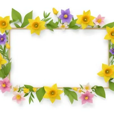 3d Model A Rectangular Frame Adorned With Colorful Flowers And Green Leaves The Flowers Include Yellow Daffodils And Pink And Purple Blooms Creating A Vibrant Border Around A Blank White Center Figure Octane Rende 6 27f3