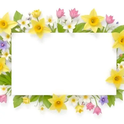 3d Model A Rectangular Frame Adorned With Colorful Flowers And Green Leaves The Flowers Include Yellow Daffodils And Pink And Purple Blooms Creating A Vibrant Border Around A Blank White Center Figure Octane Rende 65 C837