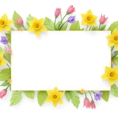 3d Model A Rectangular Frame Adorned With Colorful Flowers And Green Leaves The Flowers Include Yellow Daffodils And Pink And Purple Blooms Creating A Vibrant Border Around A Blank White Center Figure Octane Rende 67 0c9b
