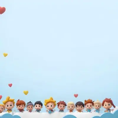 3d Model A Row Of Cartoon Children With Various Hairstyles And Expressions Some Holding Toys Against A Light Blue Background With Simple Clouds And Hearts Figure Octane Render Volumetric Highly Detailed Videogame 10 42bb