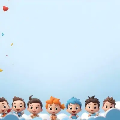 3d Model A Row Of Cartoon Children With Various Hairstyles And Expressions Some Holding Toys Against A Light Blue Background With Simple Clouds And Hearts Figure Octane Render Volumetric Highly Detailed Videogame 15 4516