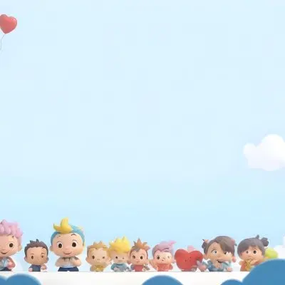 3d Model A Row Of Cartoon Children With Various Hairstyles And Expressions Some Holding Toys Against A Light Blue Background With Simple Clouds And Hearts Figure Octane Render Volumetric Highly Detailed Videogame 17 76b6