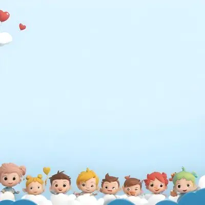 3d Model A Row Of Cartoon Children With Various Hairstyles And Expressions Some Holding Toys Against A Light Blue Background With Simple Clouds And Hearts Figure Octane Render Volumetric Highly Detailed Videogame 19 8cce
