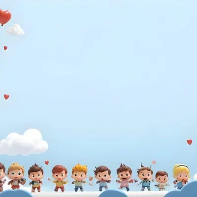 3d Model A Row Of Cartoon Children With Various Hairstyles And Expressions Some Holding Toys Against A Light Blue Background With Simple Clouds And Hearts Figure Octane Render Volumetric Highly Detailed Videogame 4 Aded