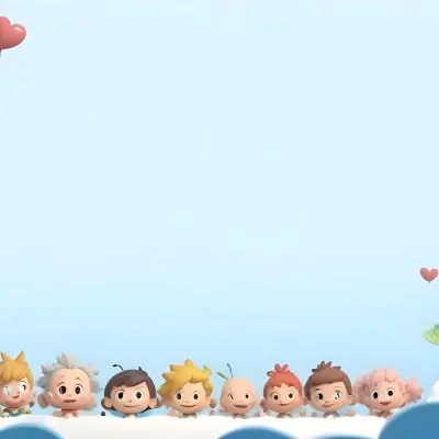 3d Model A Row Of Cartoon Children With Various Hairstyles And Expressions Some Holding Toys Against A Light Blue Background With Simple Clouds And Hearts Figure Octane Render Volumetric Highly Detailed Videogame 5 7e86