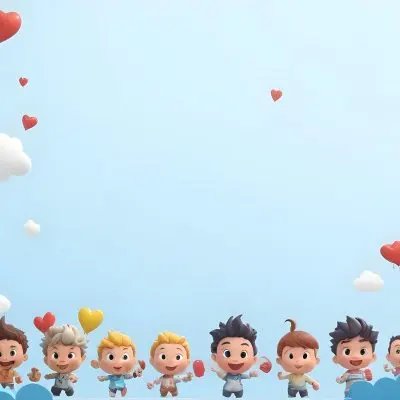 3d Model A Row Of Cartoon Children With Various Hairstyles And Expressions Some Holding Toys Against A Light Blue Background With Simple Clouds And Hearts Figure Octane Render Volumetric Highly Detailed Videogame 7 6e12