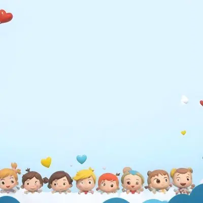 3d Model A Row Of Cartoon Children With Various Hairstyles And Expressions Some Holding Toys Against A Light Blue Background With Simple Clouds And Hearts Figure Octane Render Volumetric Highly Detailed Videogame 8 1462