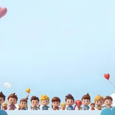 3d Model A Row Of Cartoon Children With Various Hairstyles And Expressions Some Holding Toys Against A Light Blue Background With Simple Clouds And Hearts Figure Octane Render Volumetric Highly Detailed Videogame 9 7c9b