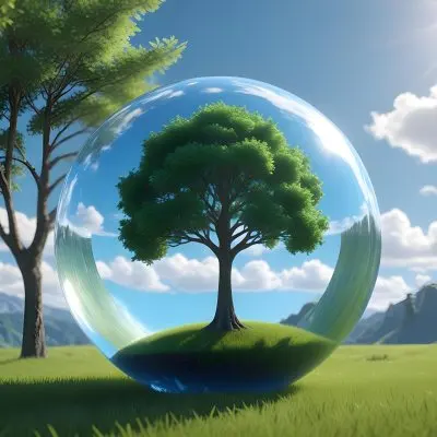 3d Model A Tree Inside A Glass Sphere Green Grass Field Blue Sky With Clouds Sun Reflection On The Sky Nature Concept Figure Octane Render Volumetric Highly Detailed Videogame Aesthetic 35 5c4e