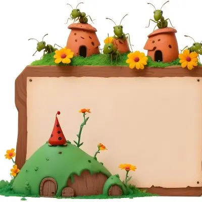 3d Model A Whimsical Scene Featuring A Green Ant Hill With A Small Door And A Chimney Surrounded By Several Cartoon Ants Some Ants Are Wearing Hats The Background Includes A Wooden Sign With A Blank Space For Text A 6 3287